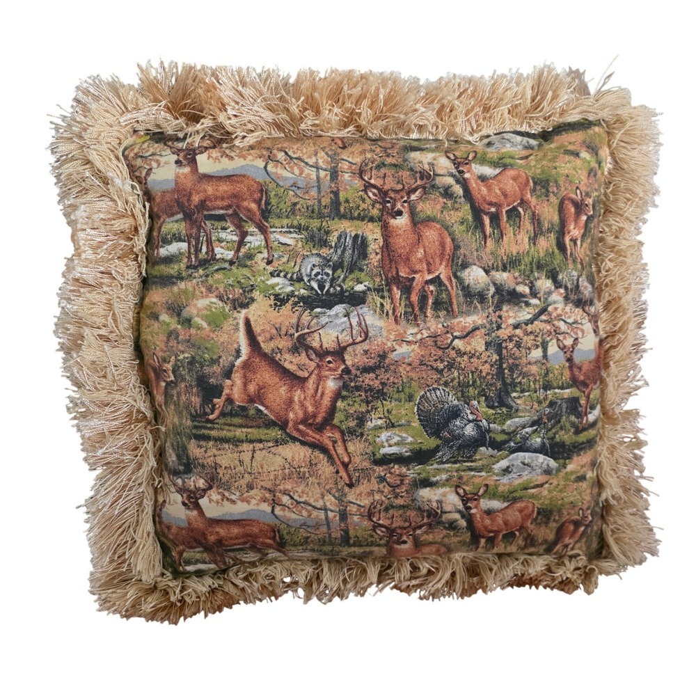 Decorative Throw Pillow Forest‎ Scene Whitetail Deer Turkey Raccoon Fringe